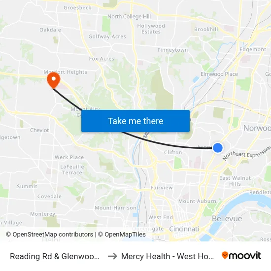 Reading Rd & Glenwood Ave to Mercy Health - West Hospital map