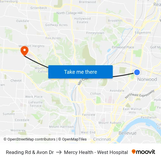 Reading Rd & Avon Dr to Mercy Health - West Hospital map