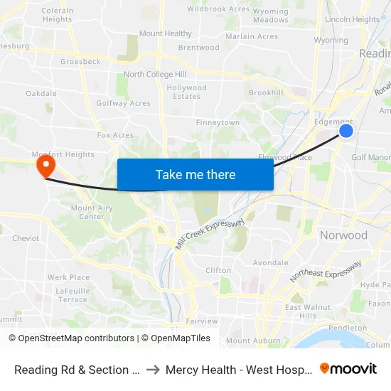 Reading Rd & Section Rd to Mercy Health - West Hospital map