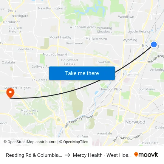 Reading Rd & Columbia Ave to Mercy Health - West Hospital map