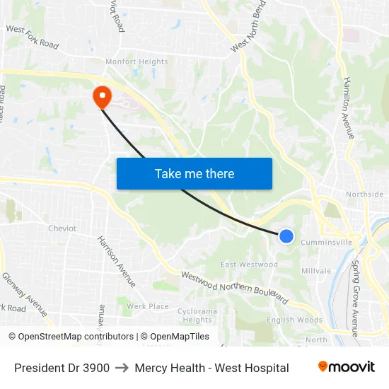 President Dr 3900 to Mercy Health - West Hospital map
