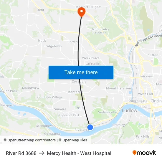 River Rd 3688 to Mercy Health - West Hospital map