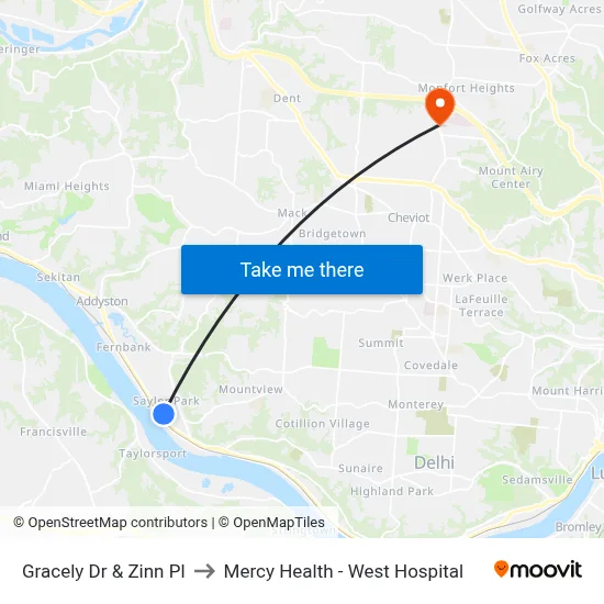 Gracely Dr & Zinn Pl to Mercy Health - West Hospital map