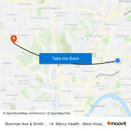 Sherman Ave & Smith Rd to Mercy Health - West Hospital map