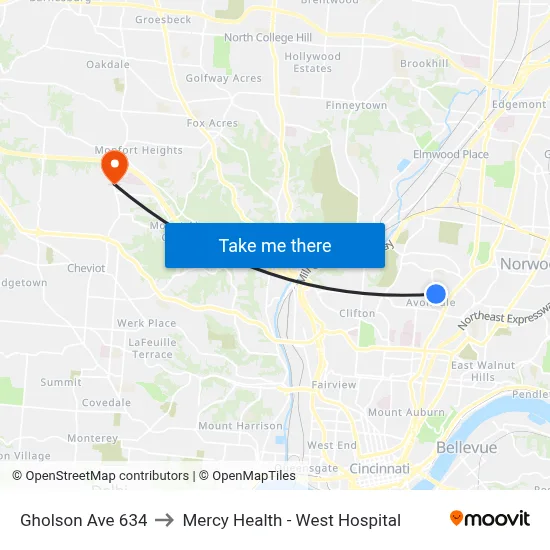 Gholson Ave 634 to Mercy Health - West Hospital map