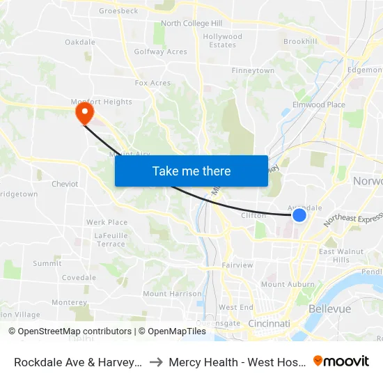 Rockdale Ave & Harvey Ave to Mercy Health - West Hospital map