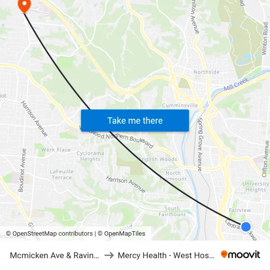 Mcmicken Ave & Ravine St to Mercy Health - West Hospital map