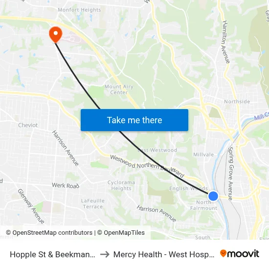 Hopple St & Beekman St to Mercy Health - West Hospital map