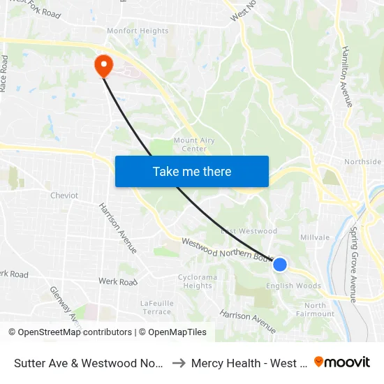Sutter Ave & Westwood Northern Blvd to Mercy Health - West Hospital map