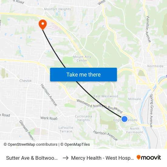 Sutter Ave & Boltwood Ct to Mercy Health - West Hospital map