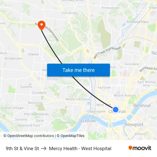 9th St & Vine St to Mercy Health - West Hospital map