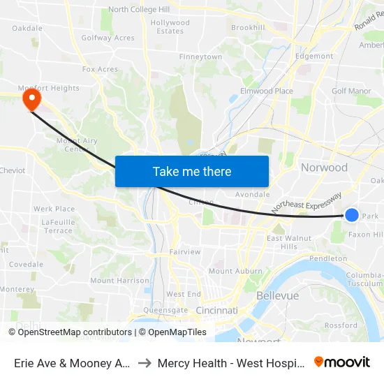 Erie Ave & Mooney Ave to Mercy Health - West Hospital map