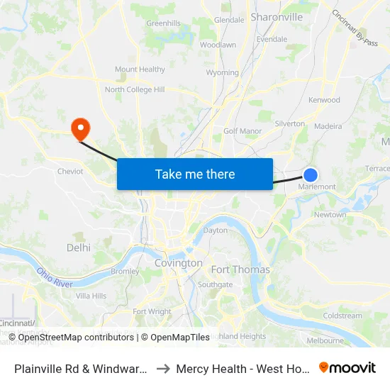 Plainville Rd & Windward Ave to Mercy Health - West Hospital map