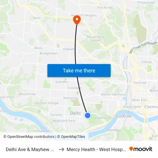 Delhi Ave & Mayhew Ave to Mercy Health - West Hospital map