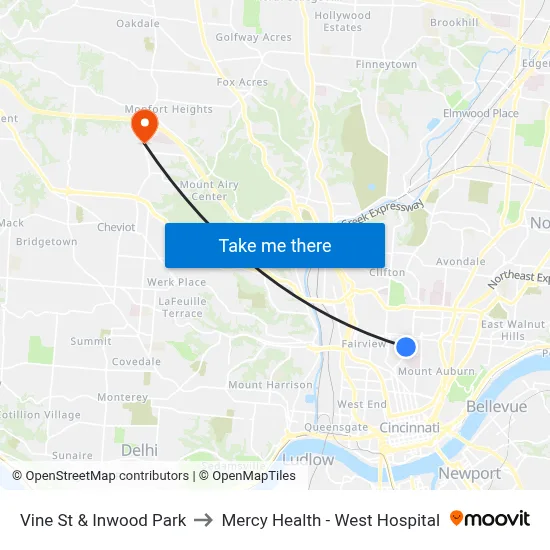 Vine St & Inwood Park to Mercy Health - West Hospital map