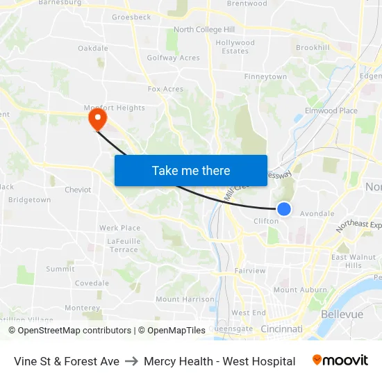 Vine St & Forest Ave to Mercy Health - West Hospital map