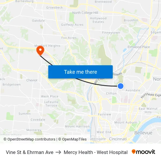 Vine St & Ehrman Ave to Mercy Health - West Hospital map