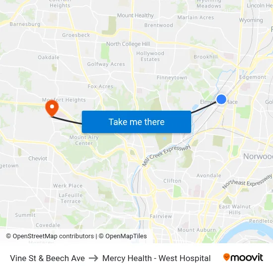 Vine St & Beech Ave to Mercy Health - West Hospital map