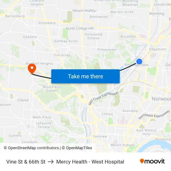 Vine St & 66th St to Mercy Health - West Hospital map