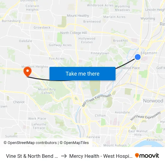 Vine St & North Bend Rd to Mercy Health - West Hospital map