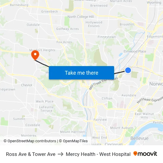 Ross Ave & Tower Ave to Mercy Health - West Hospital map