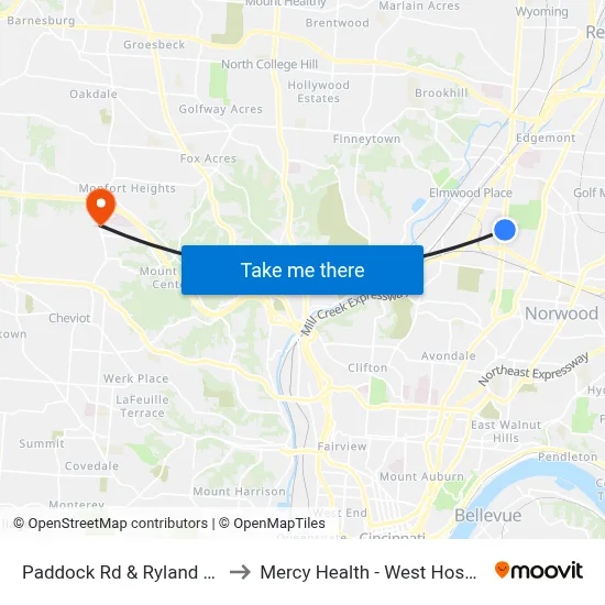 Paddock Rd & Ryland Ave to Mercy Health - West Hospital map