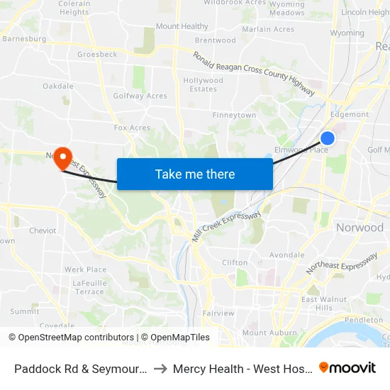 Paddock Rd & Seymour Ave to Mercy Health - West Hospital map