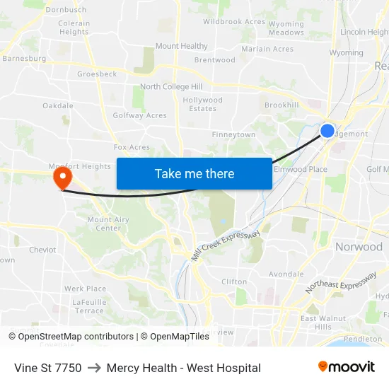 Vine St 7750 to Mercy Health - West Hospital map