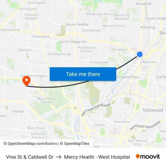 Vine St & Caldwell Dr to Mercy Health - West Hospital map