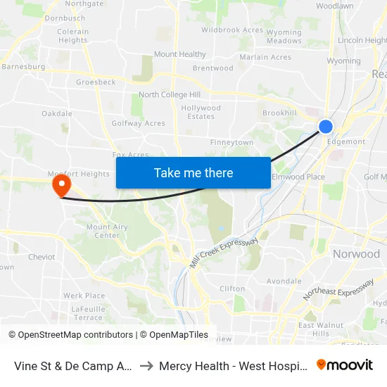 Vine St & De Camp Ave to Mercy Health - West Hospital map