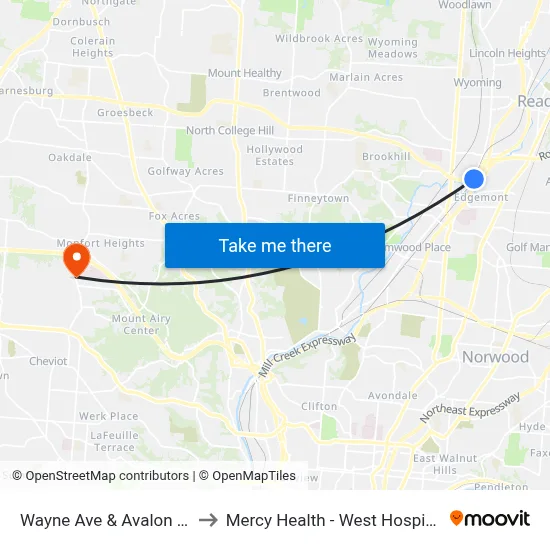 Wayne Ave & Avalon St to Mercy Health - West Hospital map