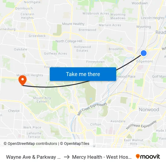 Wayne Ave & Parkway Ave to Mercy Health - West Hospital map