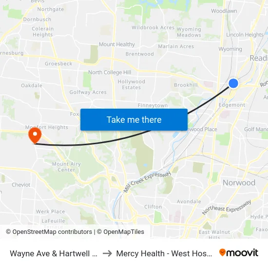 Wayne Ave & Hartwell Ave to Mercy Health - West Hospital map