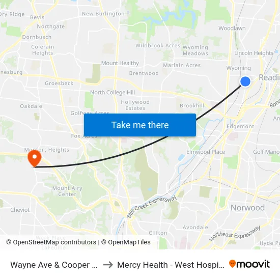 Wayne Ave & Cooper Rd to Mercy Health - West Hospital map