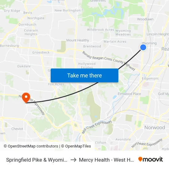 Springfield Pike & Wyoming Ave to Mercy Health - West Hospital map