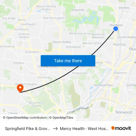 Springfield Pike & Grove Rd to Mercy Health - West Hospital map