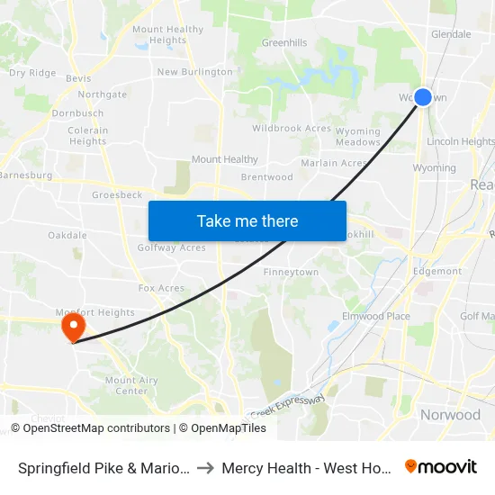 Springfield Pike & Marion Rd to Mercy Health - West Hospital map