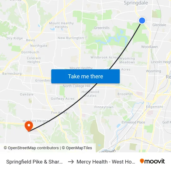 Springfield Pike & Sharon Rd to Mercy Health - West Hospital map
