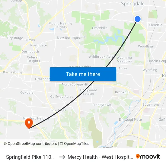 Springfield Pike 11039 to Mercy Health - West Hospital map