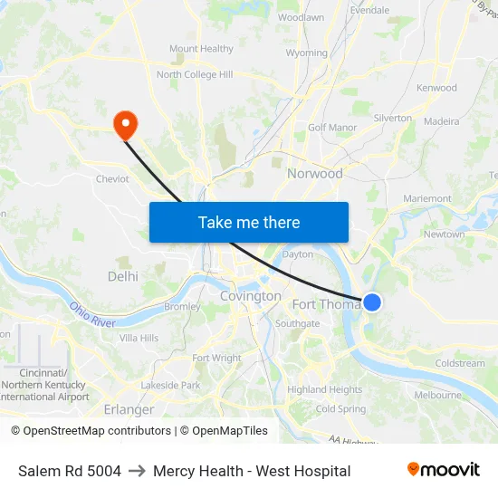 Salem Rd 5004 to Mercy Health - West Hospital map