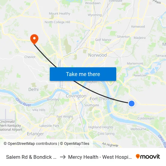 Salem Rd & Bondick Dr to Mercy Health - West Hospital map