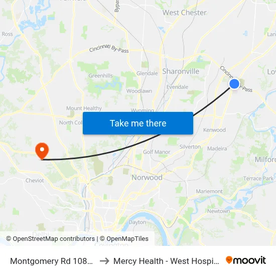 Montgomery Rd 10801 to Mercy Health - West Hospital map