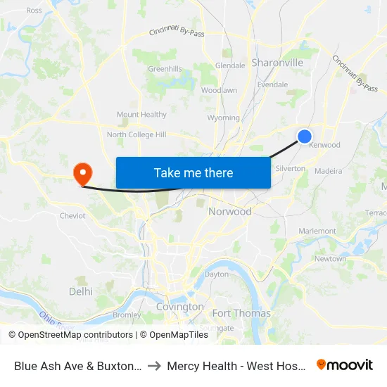 Blue Ash Ave & Buxton Rd to Mercy Health - West Hospital map