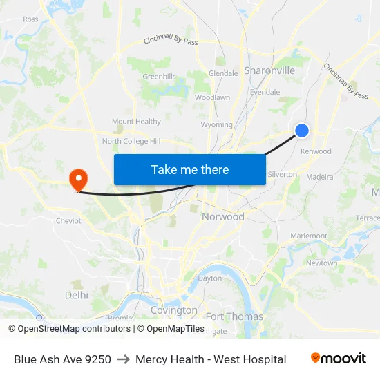 Blue Ash Ave 9250 to Mercy Health - West Hospital map