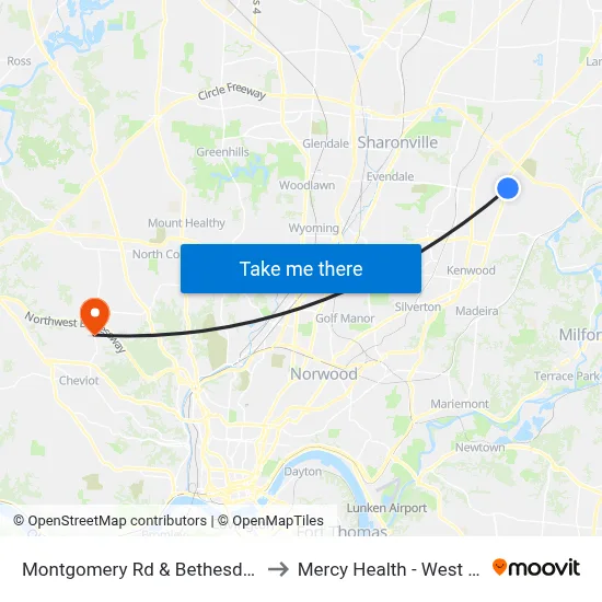 Montgomery Rd & Bethesda Hospital to Mercy Health - West Hospital map
