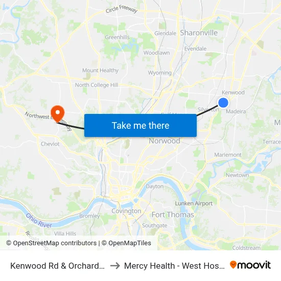 Kenwood Rd & Orchard Ave to Mercy Health - West Hospital map