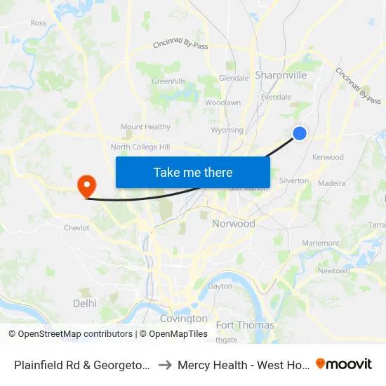 Plainfield Rd & Georgetown Rd to Mercy Health - West Hospital map