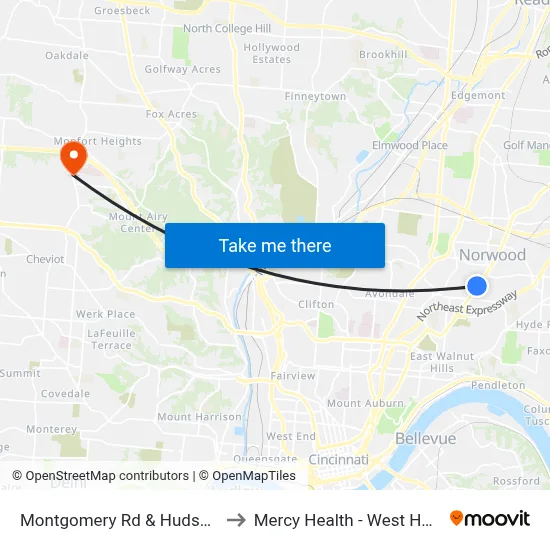 Montgomery Rd & Hudson Ave to Mercy Health - West Hospital map