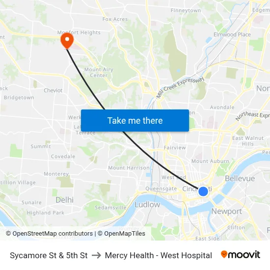 Sycamore St & 5th St to Mercy Health - West Hospital map