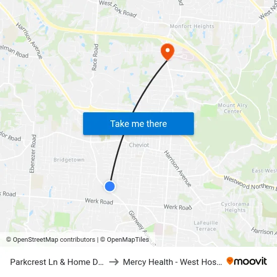 Parkcrest Ln & Home Depot to Mercy Health - West Hospital map